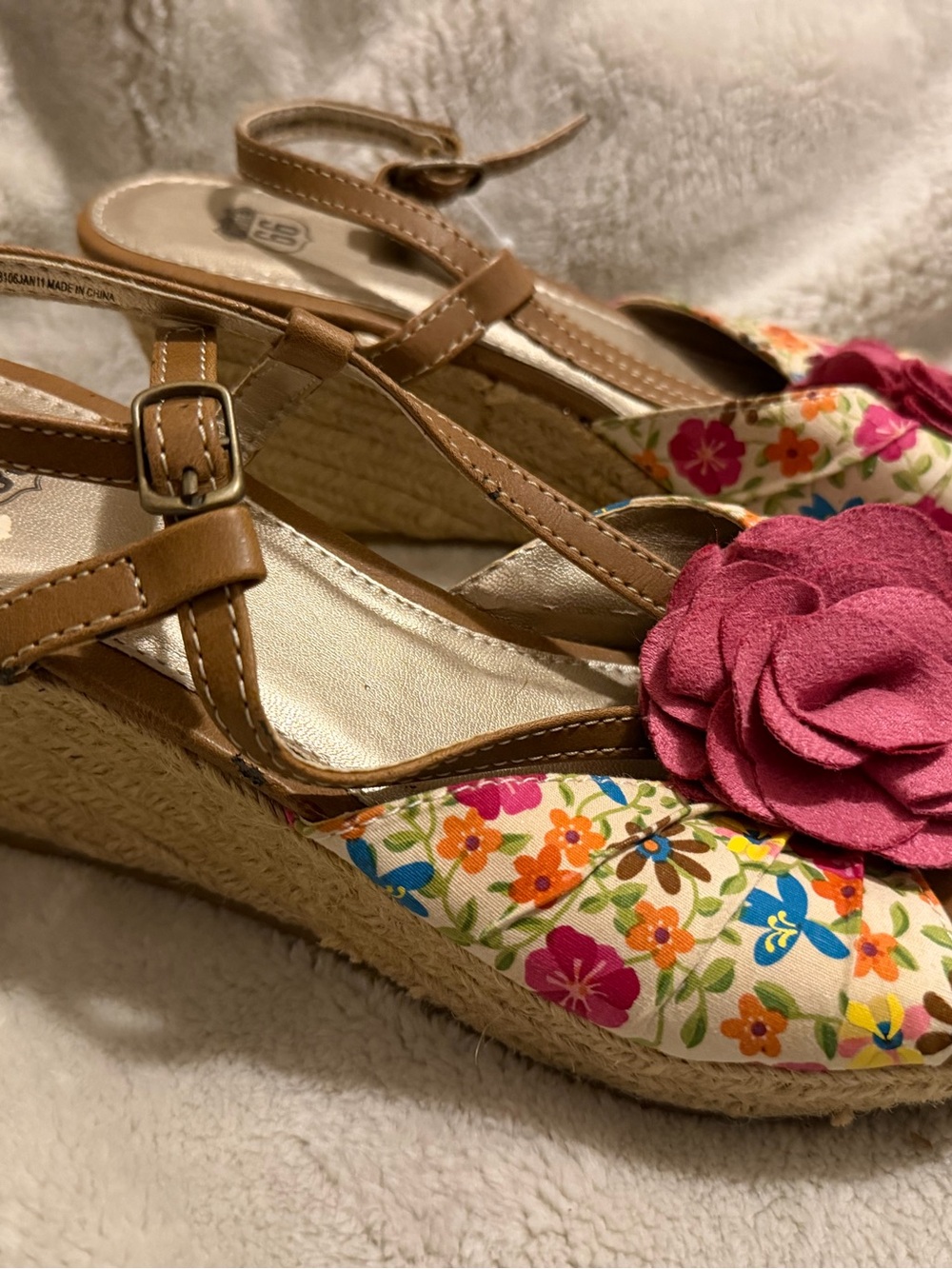 Floral Espadrille Wedge Sandals by ‘Route 66’ with Pink Flower Accent
